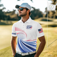 Load image into Gallery viewer, Man in a golf course wearing a white polo shirt with American-themed design.