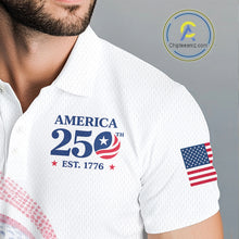 Load image into Gallery viewer, White shirt with 'America 250th' design and American flag on a gray background