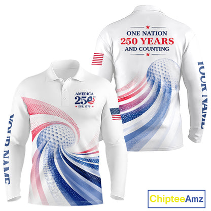 White long-sleeve polo shirt with red, white, and blue design celebrating America's 250th anniversary.