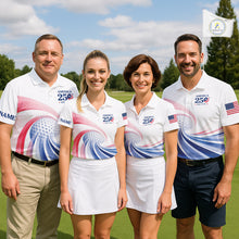 Load image into Gallery viewer, Four people in matching golf-themed outfits on a golf course with a flag in the background.