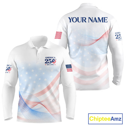White long-sleeve polo shirt with American flag design and 'Chiptee Amz' branding.