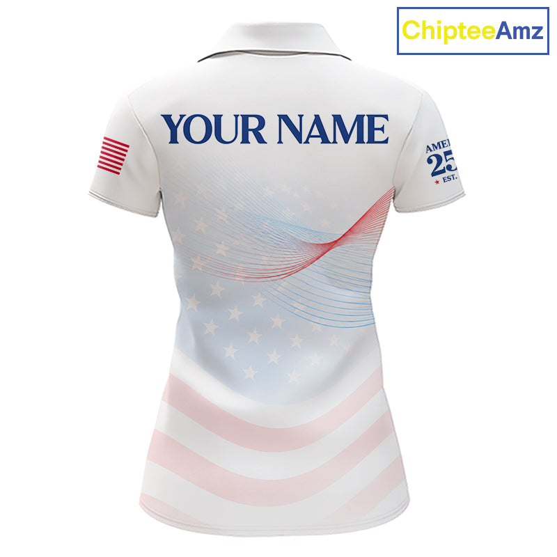 Personalized America 250 Years Shirt Custom Name Patriotic USA Stars Women's Polo Golf Shirt NHT983 - Women's Short Sleeve...