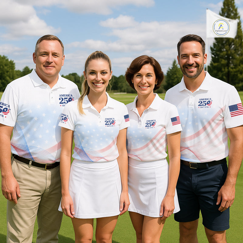 Four people in matching golf outfits on a golf course with a flag in the background.
