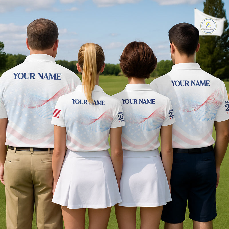 Four people in matching golf outfits on a golf course with a flag in the background.