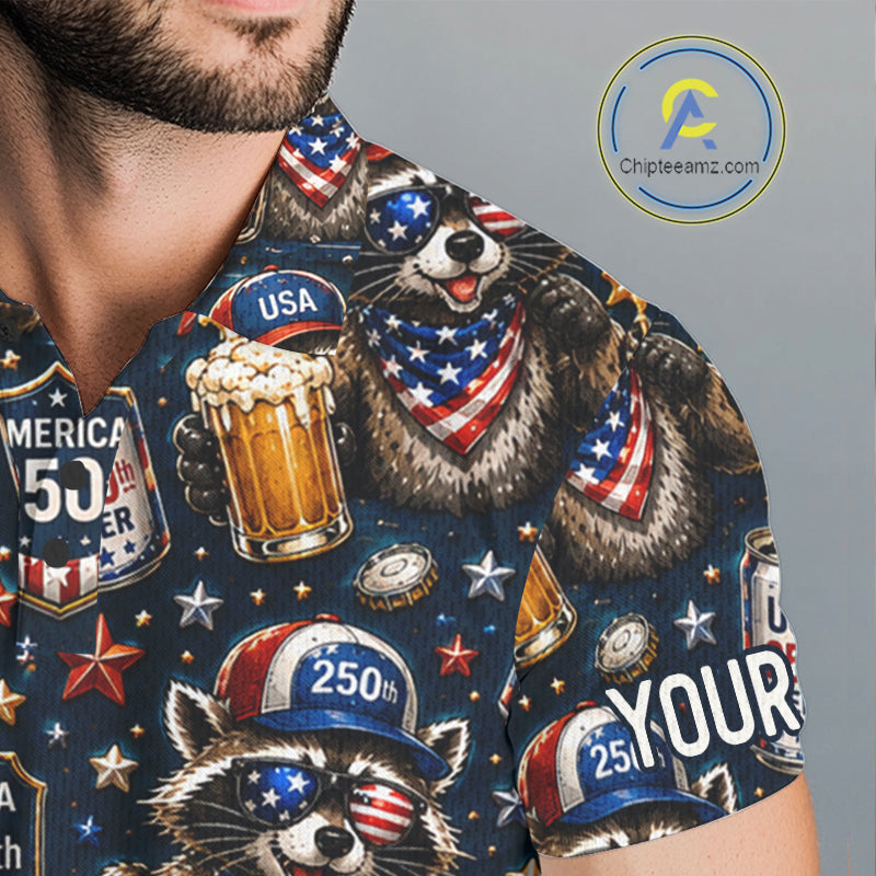 Shirt with raccoon design, beer mug, and American flags on a gray background