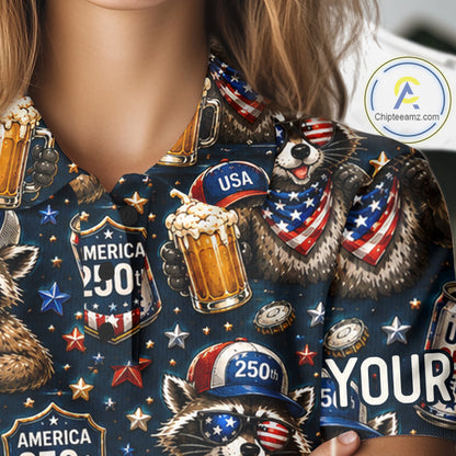 Personalized Women's Patriotic Raccoon Shirt Custom Name USA 250 Years Polo Funny Beer & Golf Lover Gift