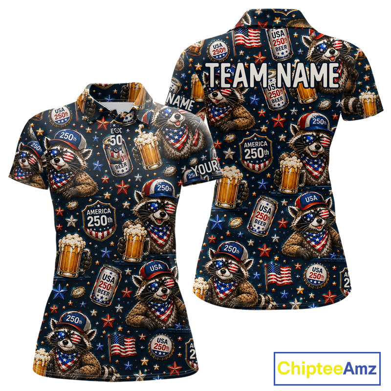 Personalized Women's Patriotic Raccoon Shirt Custom Name USA 250 Years Polo Funny Beer & Golf Lover Gift