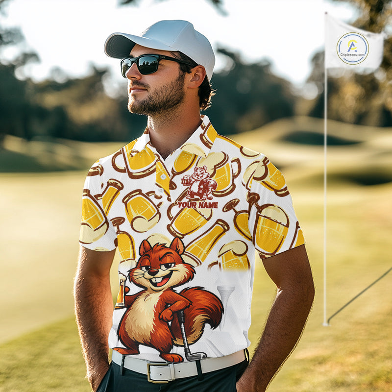 Custom Funny Squirrel Men's Golf Polo Shirts - Personalized Beer Lover Performance Jersey