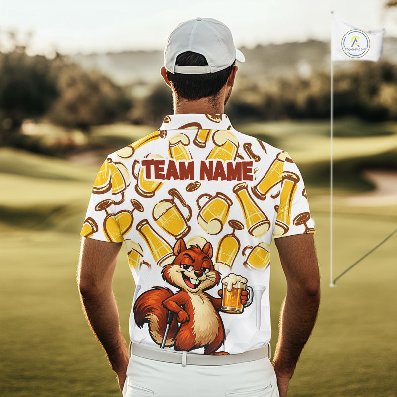 Custom Funny Squirrel Men's Golf Polo Shirts - Personalized Beer Lover Performance Jersey
