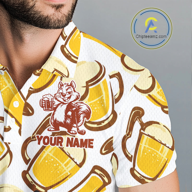 Custom Funny Squirrel Men's Golf Polo Shirts - Personalized Beer Lover Performance Jersey NHT986