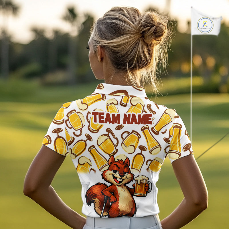 Custom Funny Squirrel Women's Golf Polo Shirts - Personalized Beer Lover Performance Jersey