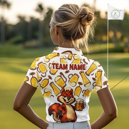 Custom Funny Squirrel Women's Golf Polo Shirts - Personalized Beer Lover Performance Jersey