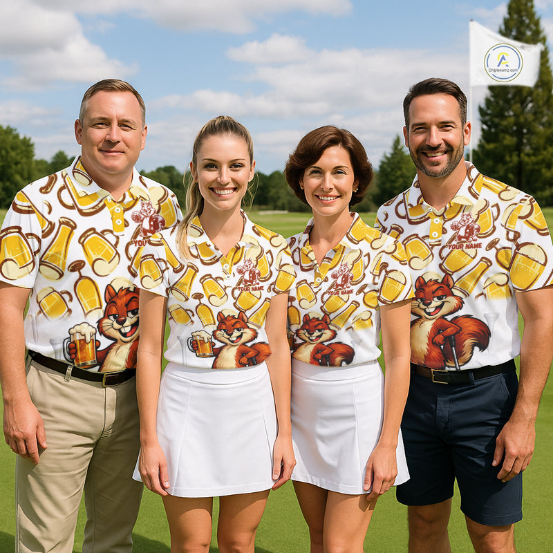 Custom Funny Squirrel Men's Golf Polo Shirts - Personalized Beer Lover Performance Jersey