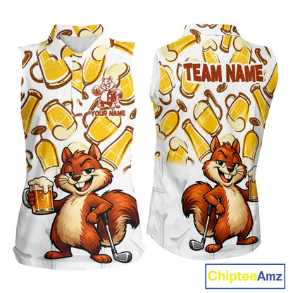 Custom Funny Squirrel Women's Sleeveless Golf Polo Shirts - Personalized Beer Lover Performance Jersey