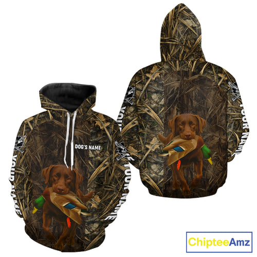 Personalized Mallard Duck Hunting Shirt with Chocolate Lab, Custom Dog’s Name Camouflage NHT264