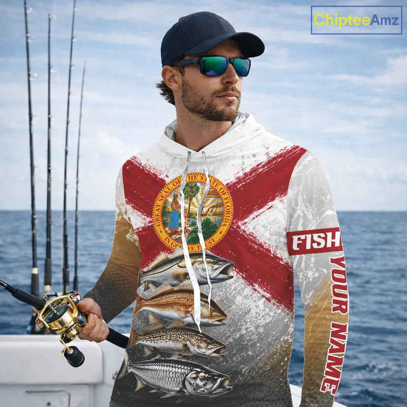 Man wearing a hoodie with a fish design and 'Fish Your Name' text, standing on a boat with ocean background.
