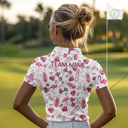 Funny Golf Polo Shirt For Womens Cherry Flamingo Golf Cart Pattern Summer Sport Top NHT841