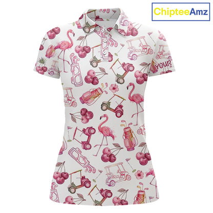 Funny Golf Polo Shirt For Womens Cherry Flamingo Golf Cart Pattern Summer Sport Top NHT841