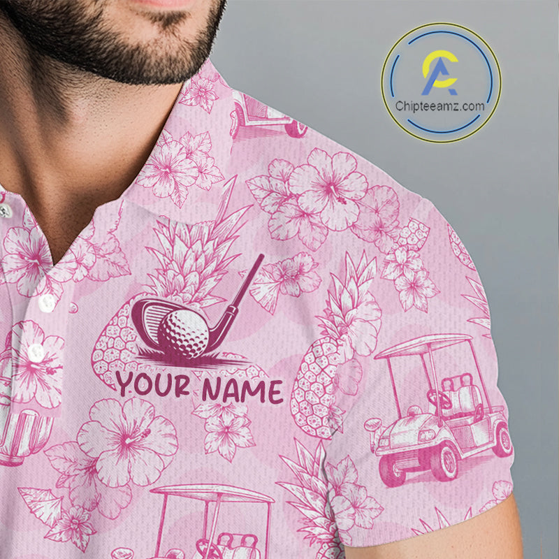 Funny Mens Golf Polo Shirt Pineapple Floral Golf Cart Pattern All Over Print Tropical Performance Top NHT842
