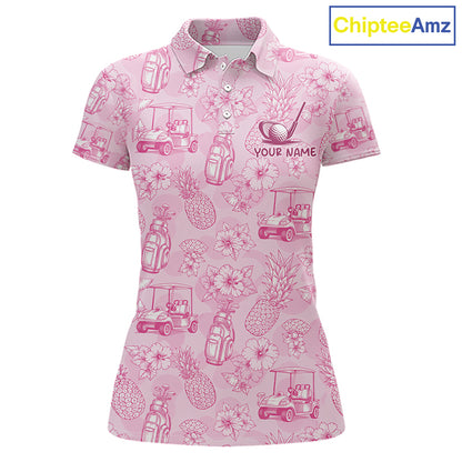 Funny Womens Golf Polo Shirt Pineapple Floral Golf Cart Pattern All Over Print Tropical Performance Top NHT842