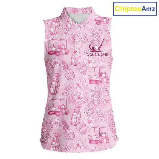 Funny Sleeveless Womens Golf Polo Shirt Pineapple Floral Golf Cart Pattern All Over Print Tropical Performance Top NHT842