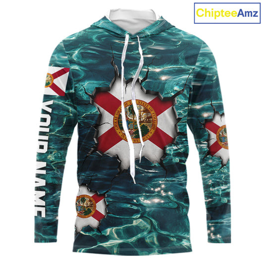 Florida Flag Fish Water Camo Custom Long Sleeve Hooded Fishing Shirts, Performance Fishing Shirts For Men NHT847