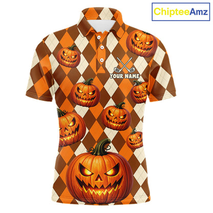 A short-sleeve polo shirt with a Halloween theme, featuring an orange and cream harlequin pattern with carved jack-o'-lantern pumpkins and a customizable name print on the chest. The brand logo 'ChipteeAmz' is visible in the top right corner.