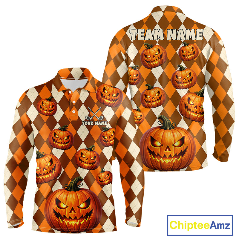 Front and back views of a long-sleeve polo shirt featuring an orange and brown diamond-patterned background with cartoon jack-o'-lantern pumpkins. The back view includes 'TEAM NAME' text and the front has a small placeholder logo area.