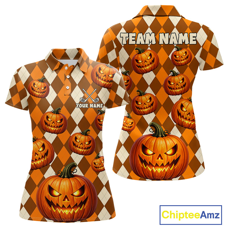 Front and back views of a women's short-sleeve polo shirt featuring a Halloween theme with a brown and beige harlequin pattern, repeated jack-o'-lantern pumpkins, and customizable text placeholders 'TEAM NAME' and 'YOUR NAME'.