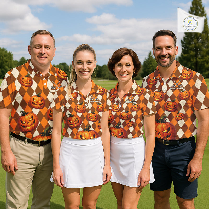 Personalized Halloween Pumpkin Women Golf Polo Shirt Custom Team Name Argyle Golf Shirt NHT1299