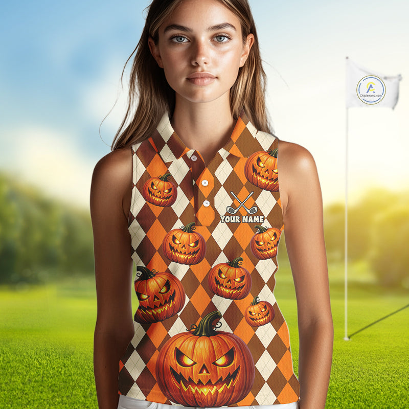 A woman modeling a sleeveless collared golf shirt with an orange and brown harlequin pattern covered in jack-o'-lantern illustrations. The shirt has a custom name and crossed golf clubs graphic on the chest.