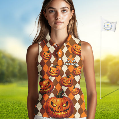 A woman modeling a sleeveless collared golf shirt with an orange and brown harlequin pattern covered in jack-o'-lantern illustrations. The shirt has a custom name and crossed golf clubs graphic on the chest.