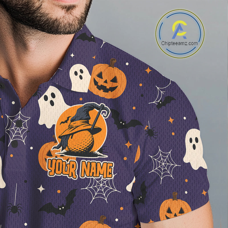 A close-up of a man wearing a purple short-sleeve button-up shirt with a Halloween print featuring pumpkins, ghosts, bats, and spiderwebs, plus a customizable 'YOUR NAME' graphic. A circular 'ChipteEamz.