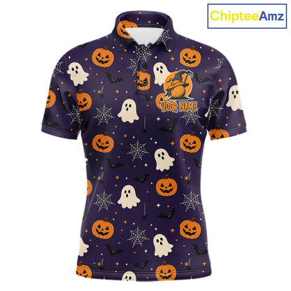 white ghosts, black bats, and spiderwebs on a dark purple background. The shirt has a mock neck, a short zipper placket, and a customizable chest graphic that reads 'YOUR NAME'.