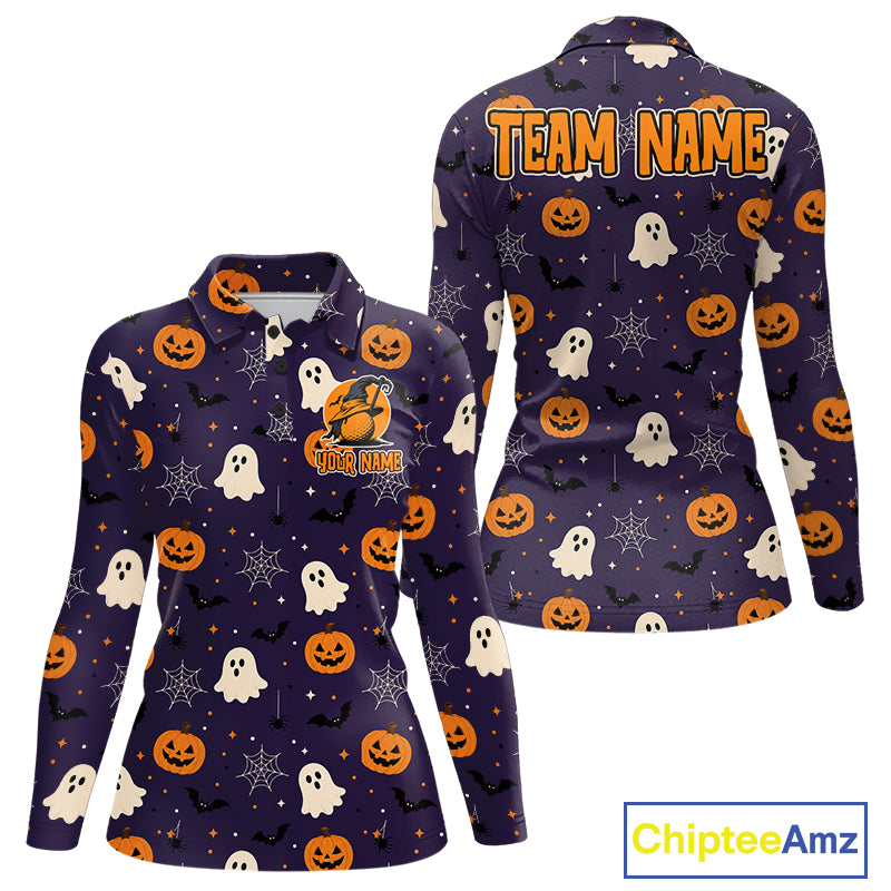 A women's long-sleeve quarter-zip fleece shown from both front and back on a white background. The fleece features a dark purple base with an all-over Halloween print of orange jack-o'-lanterns, white ghosts, black bats, and spiderwebs, plus customizable 'TEAM NAME' text on the back.