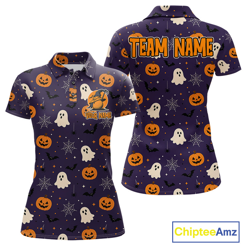 A women's short-sleeve polo shirt shown from the front and back on a white background. The shirt has a dark purple base with an all-over Halloween print featuring orange pumpkins, white ghosts, black bats, and spiderwebs.