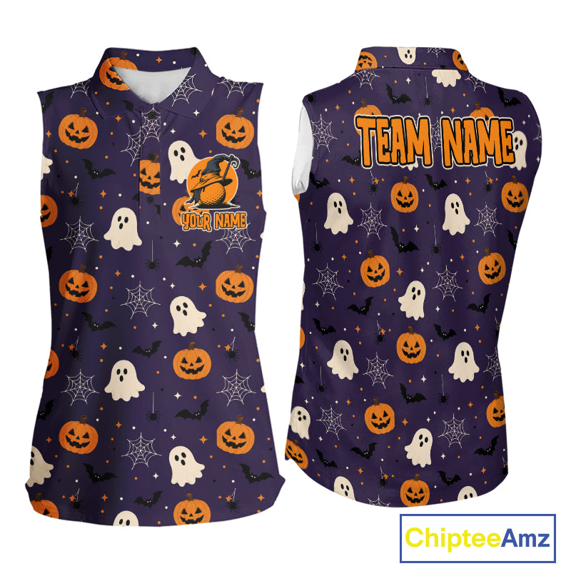 Front and back views of a sleeveless women's collared shirt with a Halloween print on a white background. The shirt features orange jack-o'-lanterns, white ghosts, black bats, and spiderwebs on a dark purple base.