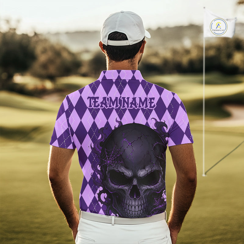 A man viewed from behind wearing a purple and lavender argyle golf shirt with a large skull graphic and 'TEAM NAME' text on the back, standing on a golf course.