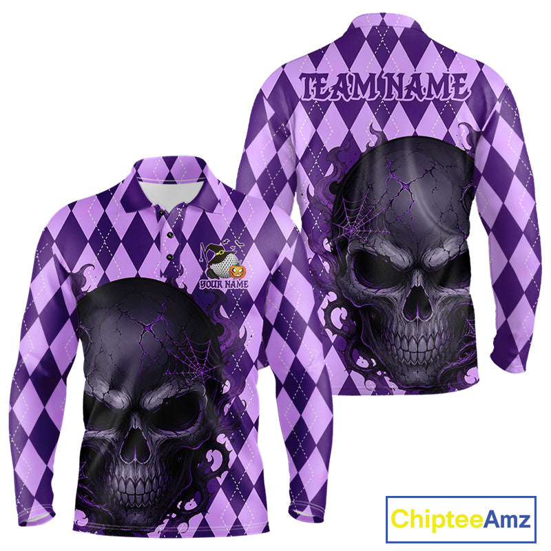 A purple and lavender argyle long-sleeve polo shirt with a large black and purple skull graphic on the front and back, plus 'TEAMNAME' text on the back collar area. The shirt is shown from both front and back on a white background, with a ChipteeAmz logo in the bottom right corner.