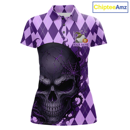 A women's short-sleeve polo shirt with a purple and lavender argyle pattern on the sleeves and upper body, featuring a large black and purple skull graphic on the front with spiderweb details. The shirt has a custom name placeholder on the left chest and is shown on a plain white background with a 'ChipteeAmz' logo in the top right corner.