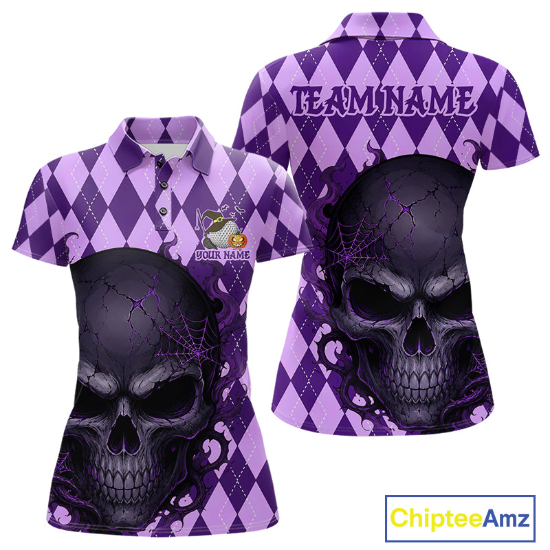 Custom short-sleeve polo shirt shown from the front and back in purple and lavender, featuring a large black skull graphic on the front and back, an argyle pattern, and customizable text fields 'TEAMNAME' and 'YOUR NAME'