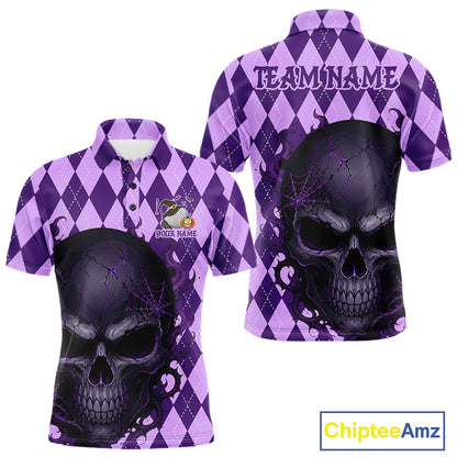 Front and back views of a purple and black argyle polo shirt with a large skull graphic on the front, customizable text on the back, and a ChipteeAmz logo in the bottom right corner.