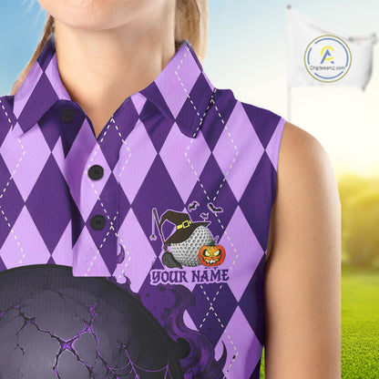 A sleeveless collared shirt with a purple and lavender argyle pattern, featuring a Halloween-themed graphic of a witch hat, golf ball, and jack-o'-lantern with customizable text 'YOUR NAME'.