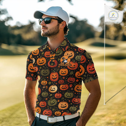 A man wearing a black short-sleeve polo shirt with a colorful Halloween pumpkin print, a white baseball cap, and sunglasses, standing on a golf course with a flag in the background.