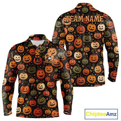 A long-sleeve collared shirt shown from the front and back on a white background, featuring an all-over Halloween pumpkin print on a black base. The back has 'TEAM NAME' printed in orange at the shoulders, and the front has a small chest graphic with placeholder text.