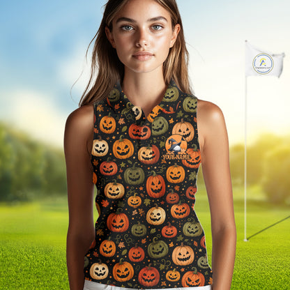 A woman modeling a sleeveless collared shirt with a Halloween pumpkin print, set against a blurred golf course background with a flag visible on the right.