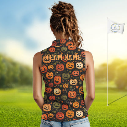 A woman viewed from behind wearing a sleeveless high-neck top with a Halloween pumpkin print and the customizable text 'TEAM_NAME' across the back, standing on a grassy field with a flag in the background.