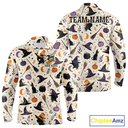 A long-sleeve Halloween-themed shirt shown from both front and back on a white background. The shirt has an off-white base with a repeating pattern of witches, black cats, pumpkins, cauldrons, broomsticks, and stars in black, purple, orange, and gray.