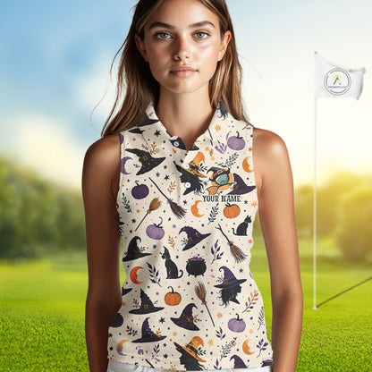 Vintage Witch Halloween Seamless Pattern Women Sleeveless Golf Polo, Spooky Cauldron Cat And Pumpkin Golf Top NHT1306