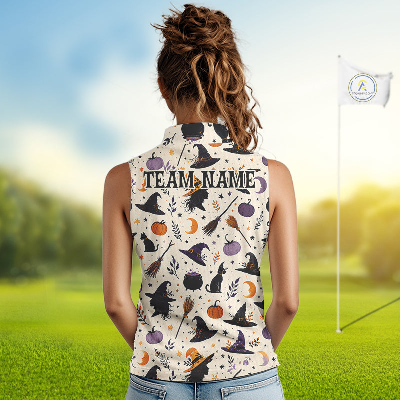 Vintage Witch Halloween Seamless Pattern Women Sleeveless Golf Polo, Spooky Cauldron Cat And Pumpkin Golf Top NHT1306